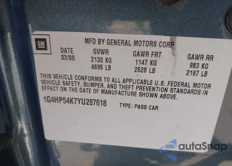 2000 Buick Lesabre Custom из США, поврежденный, VIN 1G4HP54K7YU287618